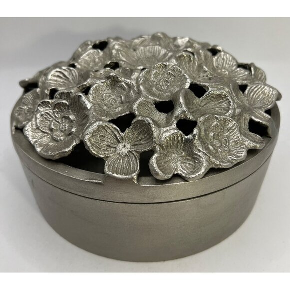 Solid 2 Piece Pewter Container W/ Lid Decor 3D Cutout Flowers, Dogwood Blooms - Picture 1 of 7